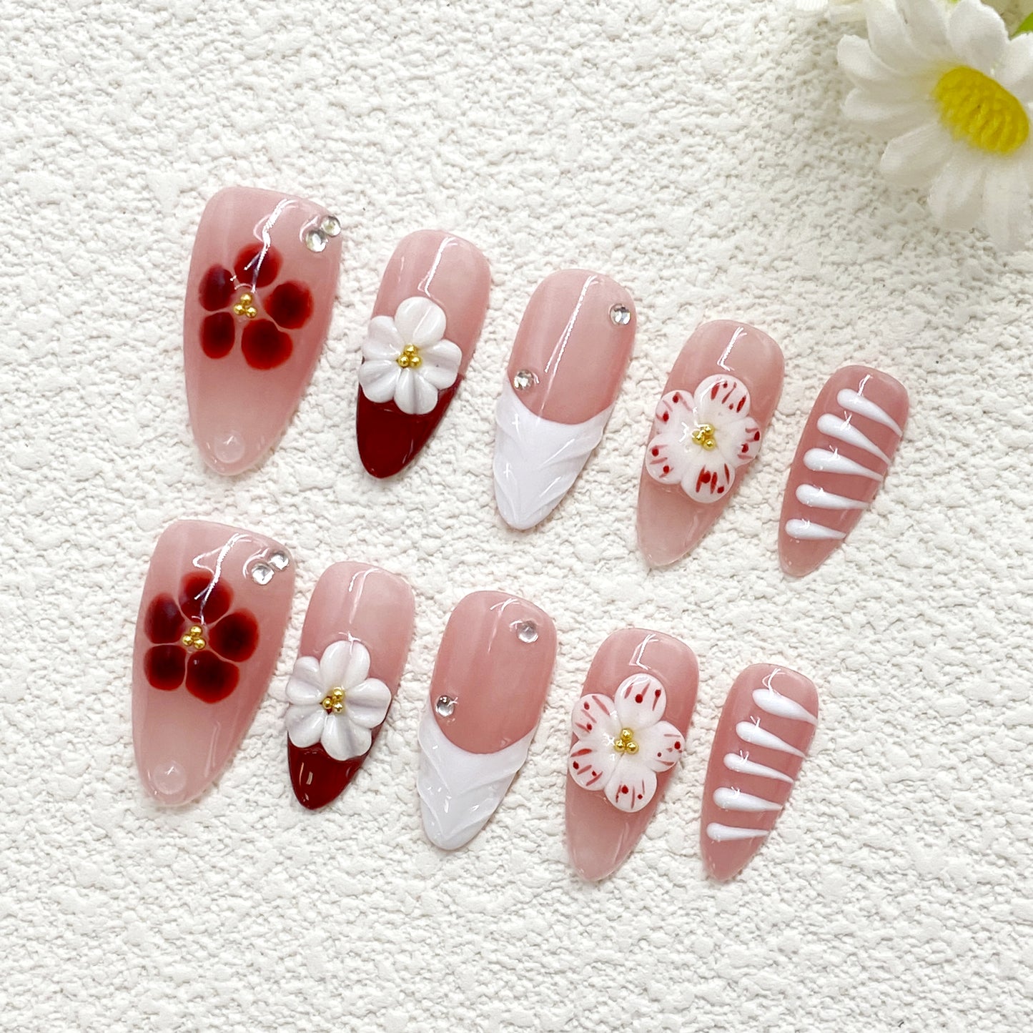 KETOR Handmade Pink Press On Nails – Reusable Sweet Floral Fake Nails with Rhinestones & White Stripe Accents(243)