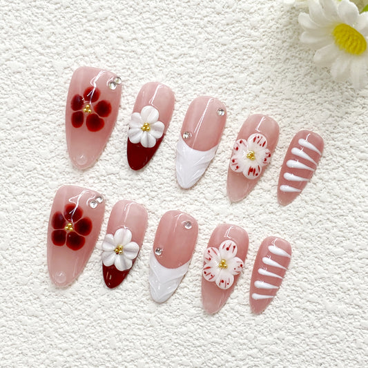 KETOR Handmade Pink Press On Nails – Reusable Sweet Floral Fake Nails with Rhinestones & White Stripe Accents(243)