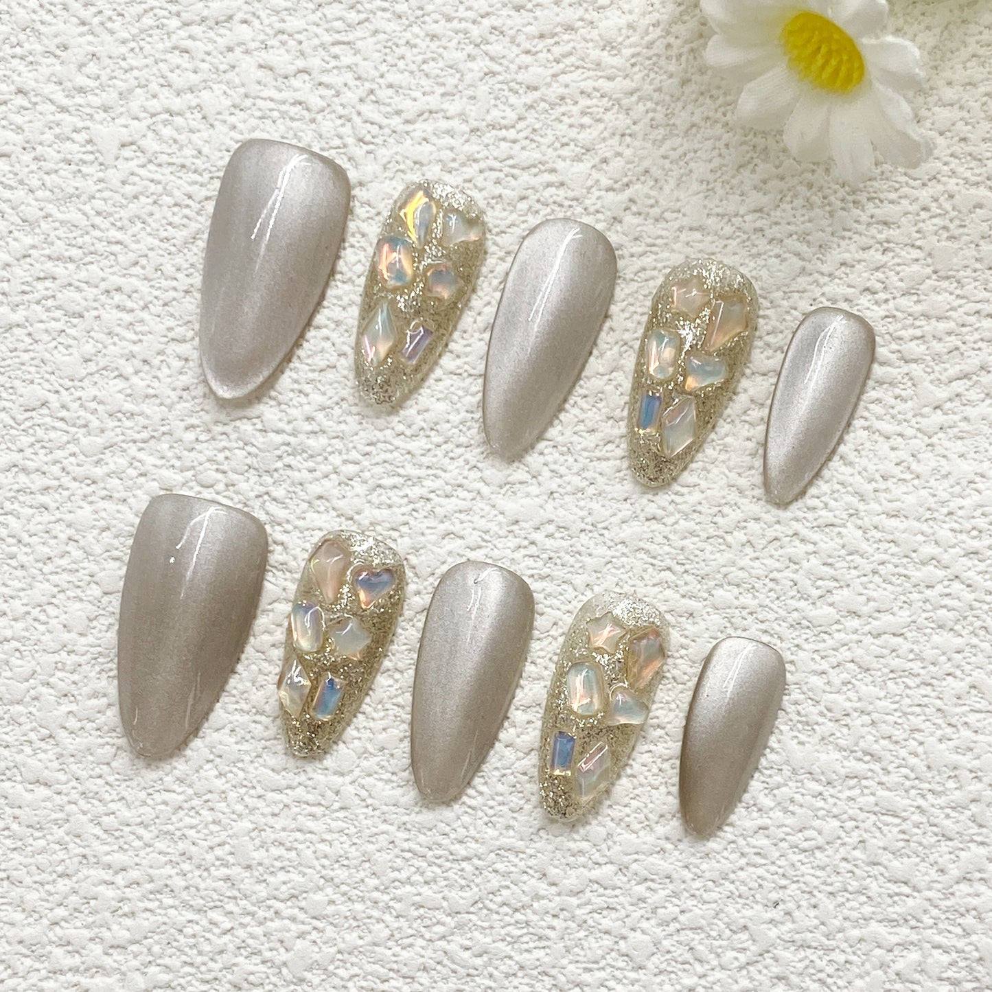 KETOR Lux White Press On Nails – Handmade Reusable Glossy Fake Nails with Colorful Rhinestone Accents(244)