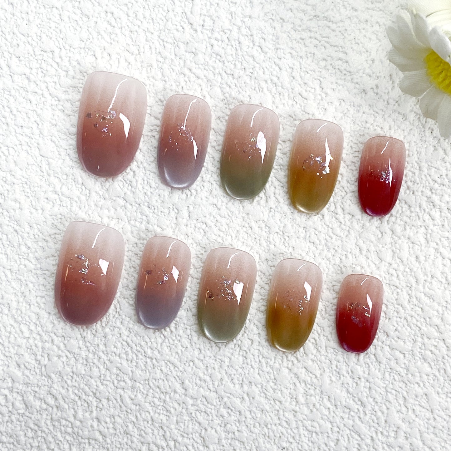 KETOR Gradient Press On Nails – Colorful Ombre Fake Nails with Glitter & White Line Design for Daily Wear & Casual Looks(253)