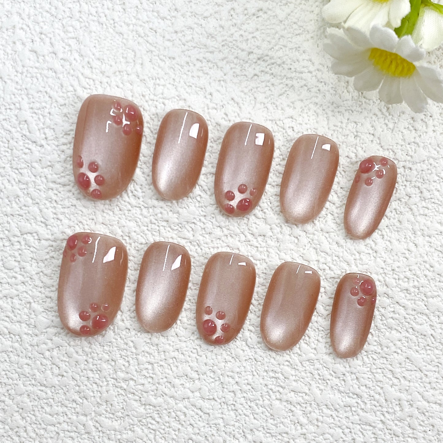 Sweet Pink Press On Nails – Soft Glitter Base with Cute Paw-Like Dots, Perfect for a Fresh & Girly Look(257