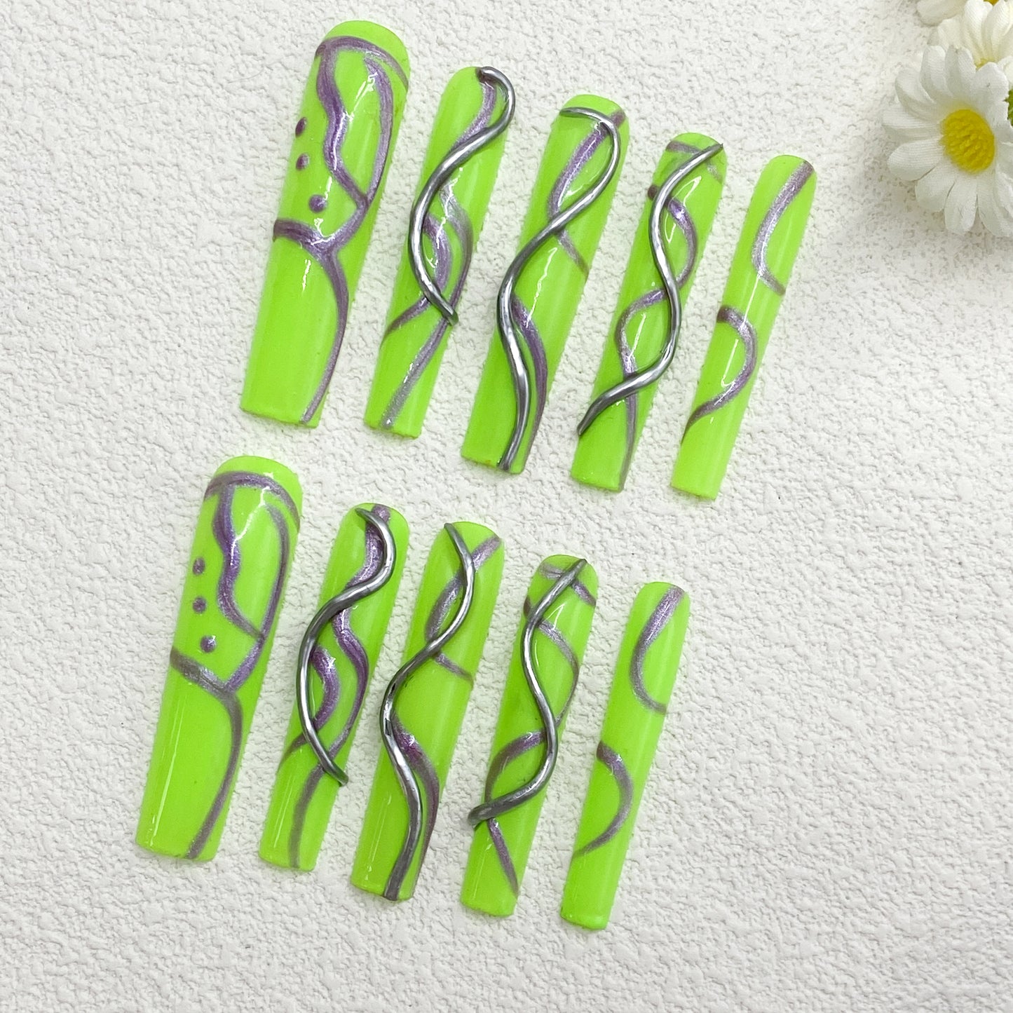 Long Stiletto Press-On Nails – Fluorescent Green Base with Silver & Purple Line Art, Bold Trendy Handmade Set(263)