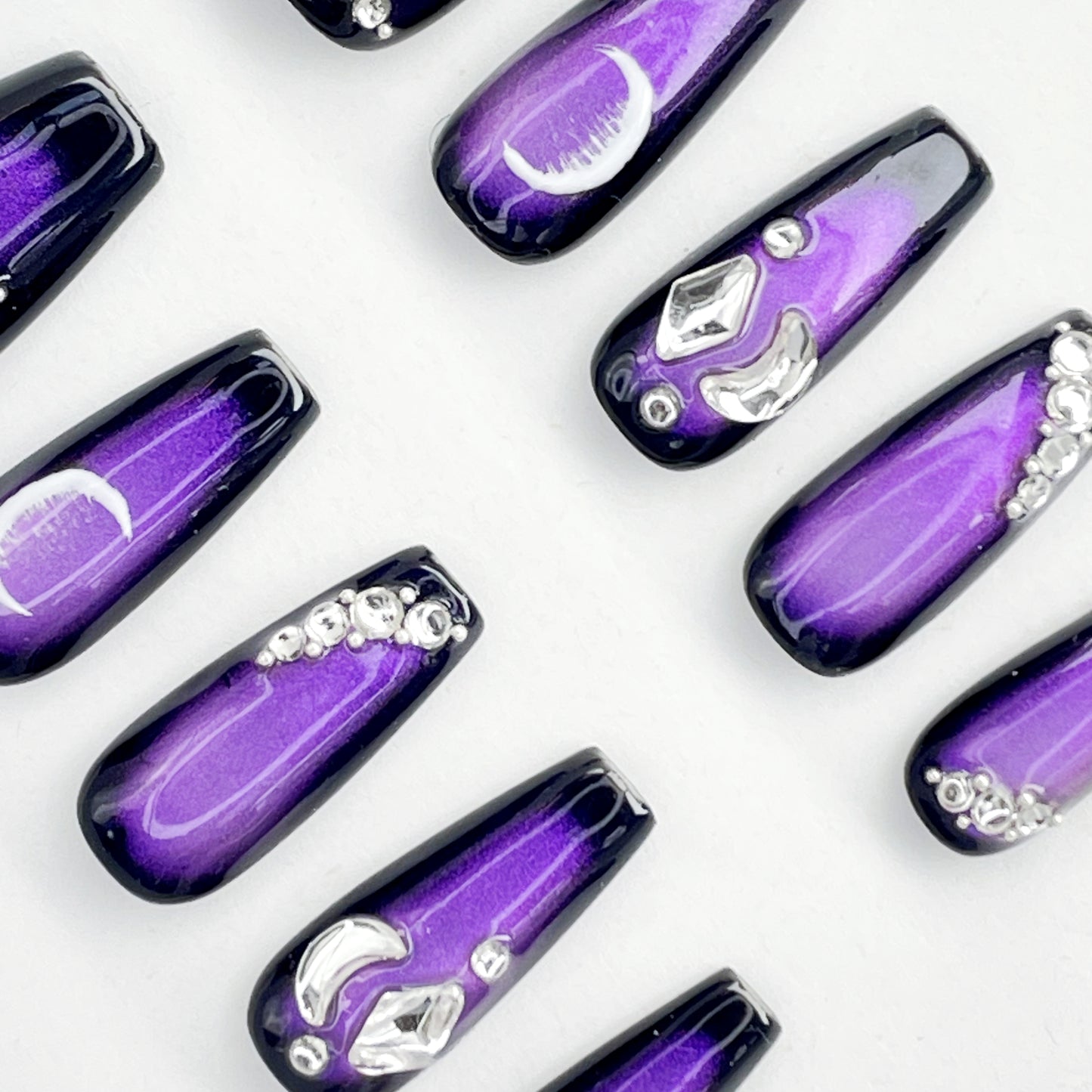 Purple Cat Eye Medium Long Coffin Nails with Hand-painted Moon Design, Handmade - Perfect for Mysterious and Enchanting Styles(27)