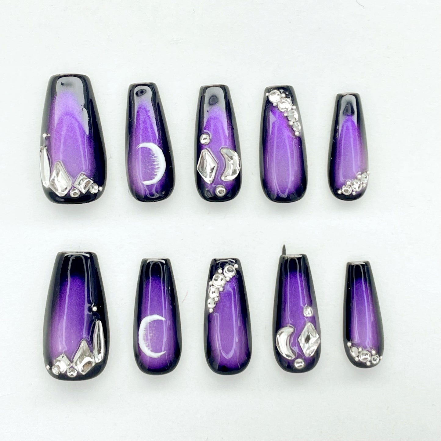 Purple Cat Eye Medium Long Coffin Nails with Hand-painted Moon Design, Handmade - Perfect for Mysterious and Enchanting Styles(27)