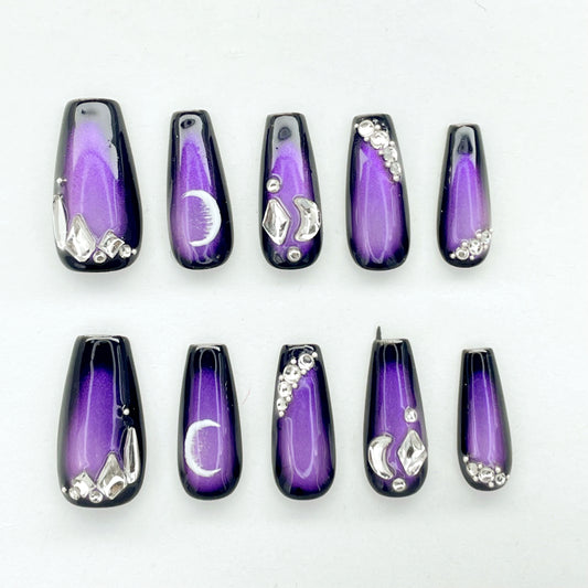 Purple Cat Eye Medium Long Coffin Nails with Hand-painted Moon Design, Handmade - Perfect for Mysterious and Enchanting Styles(27)