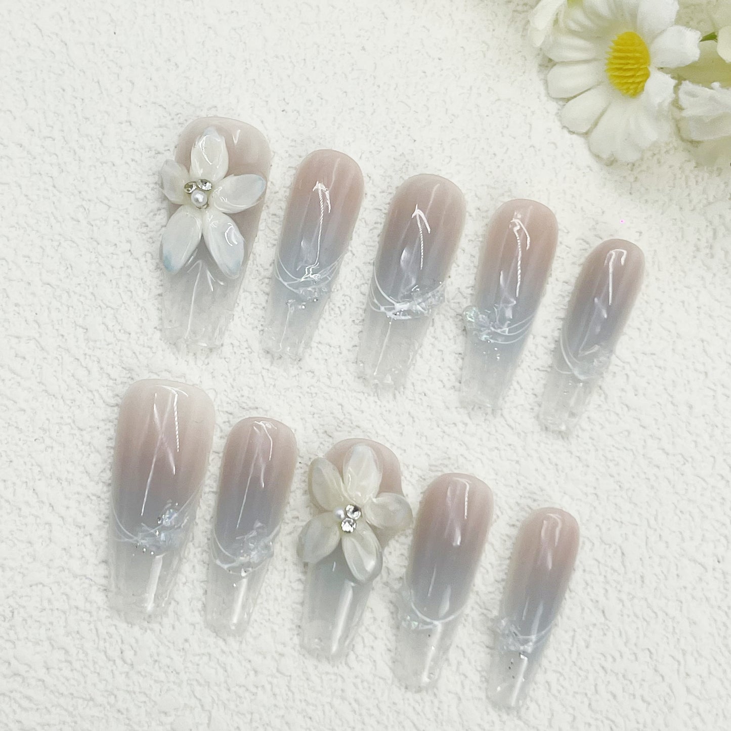 Long Coffin Press-On Nails with Sheer Pink & Blue Gradient and Transparent Floral Sculptures – Elegant and Delicate, Handmade(31)