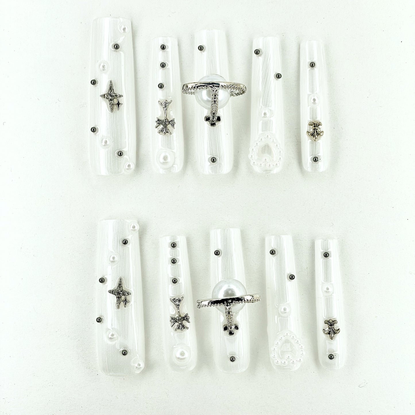 White Long Square Nails with Elegant Luxury Style and 3D Pearl Planet Accents, Handmade - Perfect for Sophisticated and Glamorous Looks(52)