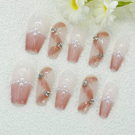 Pink Satin Ribbon Medium Long Coffin Nails with Pearl Accents, Handmade – Perfect for a Soft, Elegant, and Feminine Look(57)