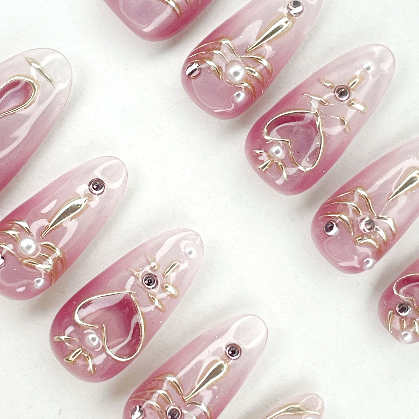 Medium Long Oval Almond Nails with Pink Cat Eye French Tips and Heart Design, Handmade - Perfect for Sweet and Romantic Styles(63)