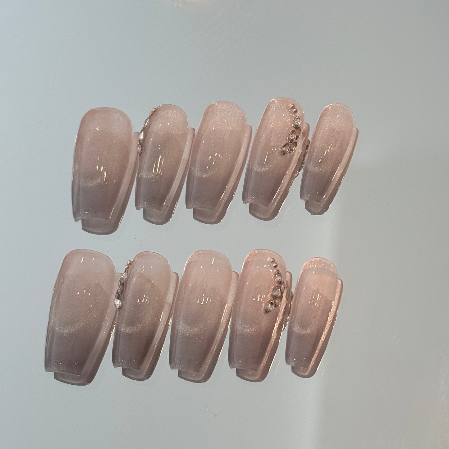 Elegant Gray Purple Ombre Press On Nails – Long Tapered Square with Glitter Shine & Rhinestone Accents(94)