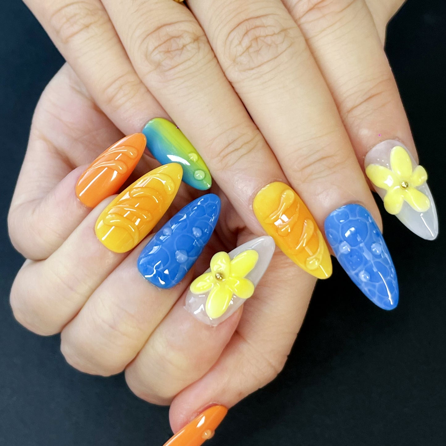 Colorful Summer Press-On Nails – Almond Shape with 3D Yellow Flowers, Dots & Texture | Bright, Playful Vibes(K10)