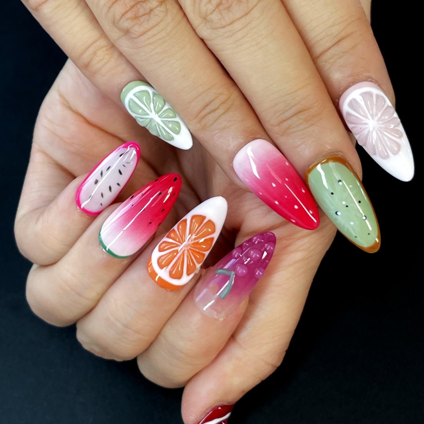 Mixed Fruit Press-On Nails – 3D Embossed Almond Shape with Grapes, Oranges, Watermelon & More | Sweet & Fresh Summer Vibe(K12)