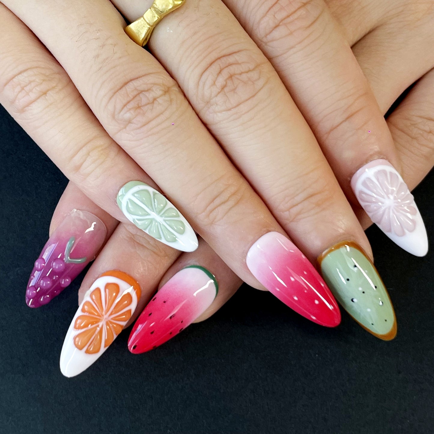 Mixed Fruit Press-On Nails – 3D Embossed Almond Shape with Grapes, Oranges, Watermelon & More | Sweet & Fresh Summer Vibe(K12)