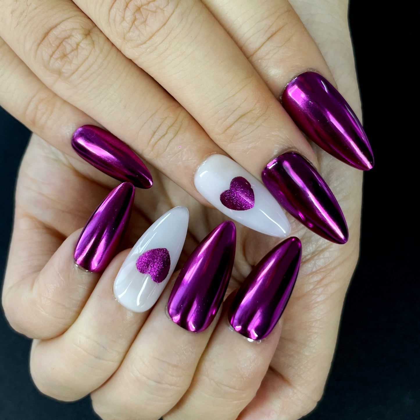 Metallic Rose Pink Almond Press-On Nails with White Accent & Heart Detail | Bold, Sweet & Edgy Nail Style(K14)