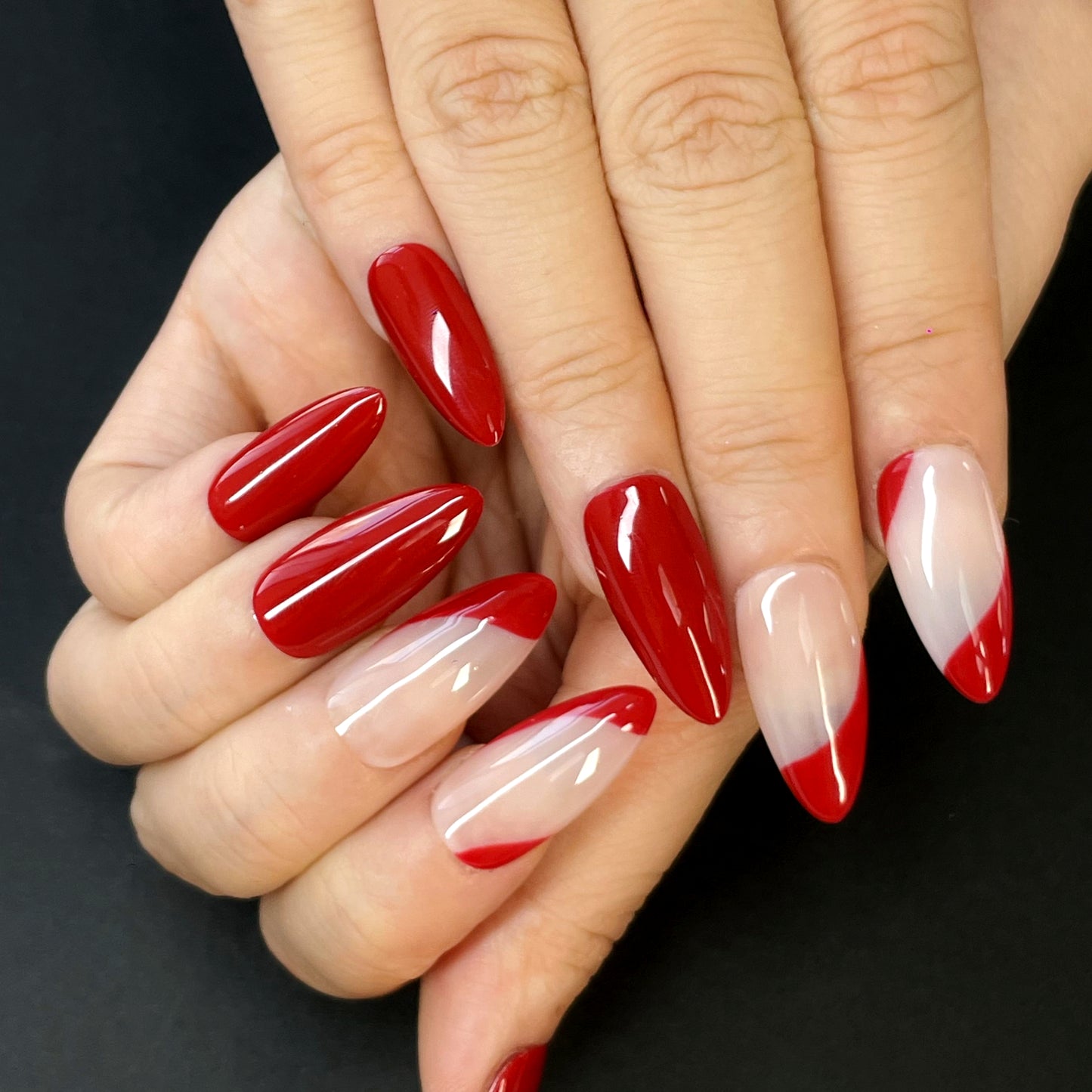 Red & White Stiletto Press-On Nails – Bold Color with Geometric Split Design | Elegant, Striking & Fashion-Forward Look(K15)