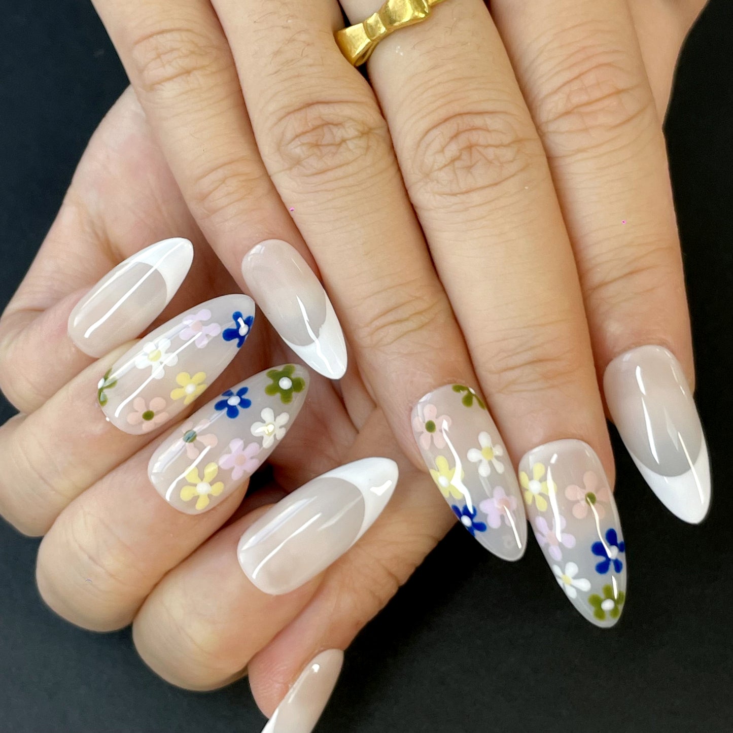 Floral French Press-On Nails – Almond Shape with Soft Grey Base, White Tips & Colorful Hand-Painted Flowers | Sweet Everyday Style(K16)