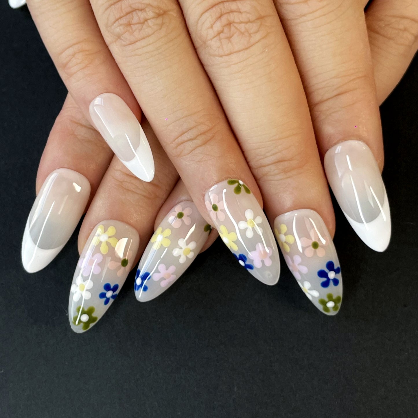 Floral French Press-On Nails – Almond Shape with Soft Grey Base, White Tips & Colorful Hand-Painted Flowers | Sweet Everyday Style(K16)