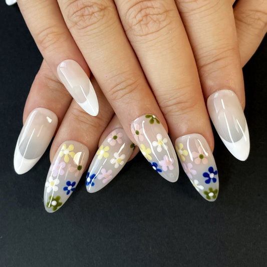 Floral French Press-On Nails – Almond Shape with Soft Grey Base, White Tips & Colorful Hand-Painted Flowers | Sweet Everyday Style(K16)