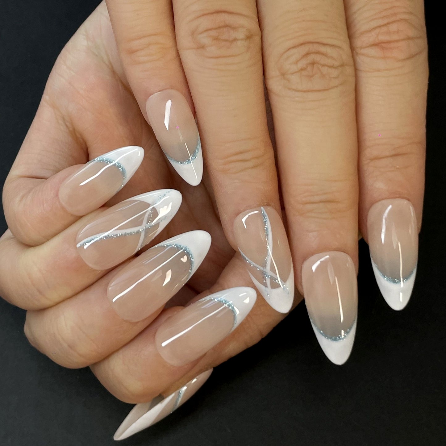French Style Press-On Nails – Nude Beige Base with White Tips & Silver Glitter Lines, Elegant and Trendy Design for Any Occasion(K18)