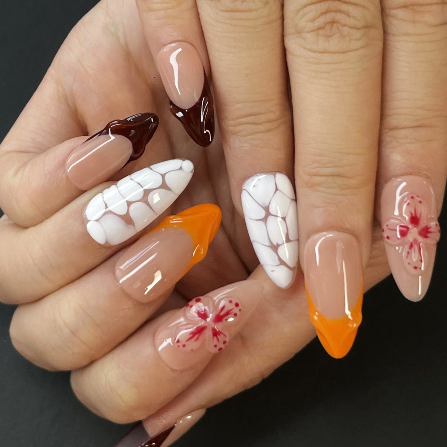 Multi-Style Press-On Nails – Nude Base with Burgundy Blends, Orange Gradient, Pebble Texture & 3D Pink Floral Design, Elegant & Artistic(K20))