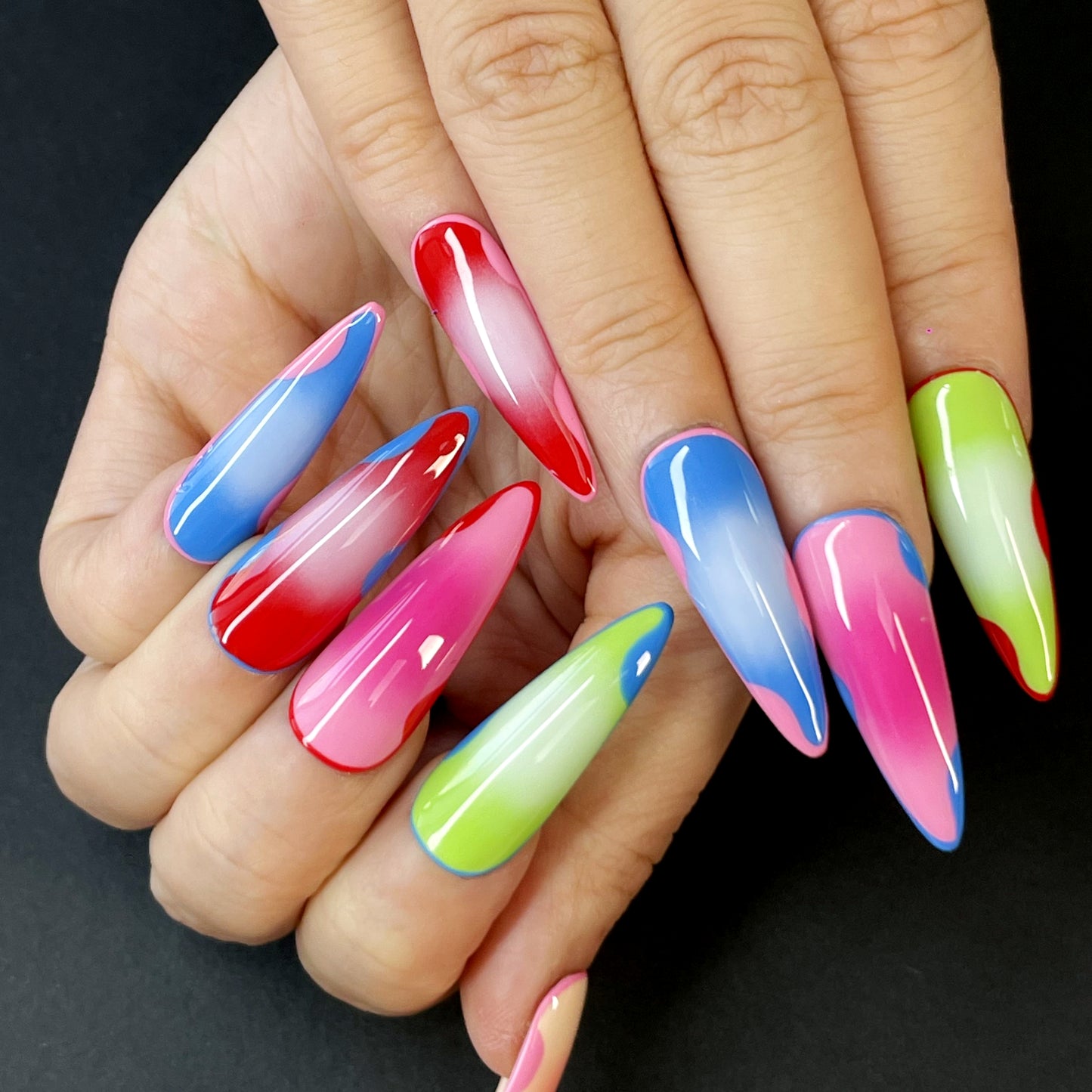 Colorful Gradient Stiletto Press-On Nails – Pink Blue Ombre, Red-Green Mix & More, Bold and Youthful Style for Vibrant, Unique Looks(K28)