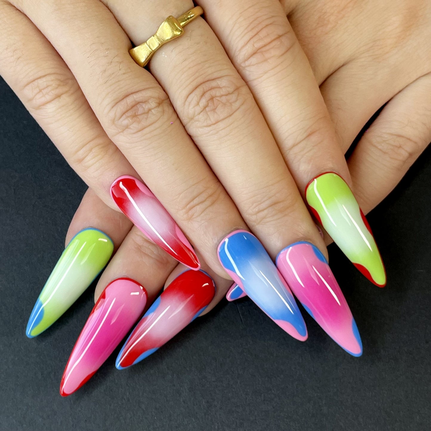 Colorful Gradient Stiletto Press-On Nails – Pink Blue Ombre, Red-Green Mix & More, Bold and Youthful Style for Vibrant, Unique Looks(K28)