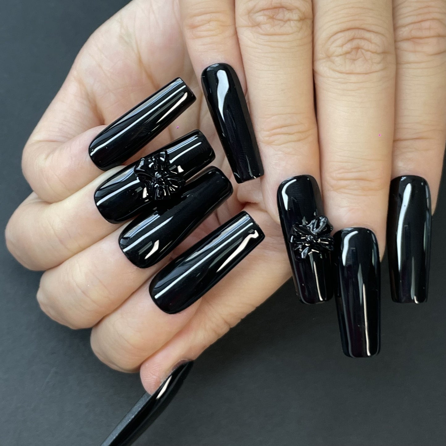 Glossy Black Coffin Press-On Nails – 3D Cross Design, Bold Mirror Shine | Dark Aesthetic & Edgy Glam in Minutes(K3)