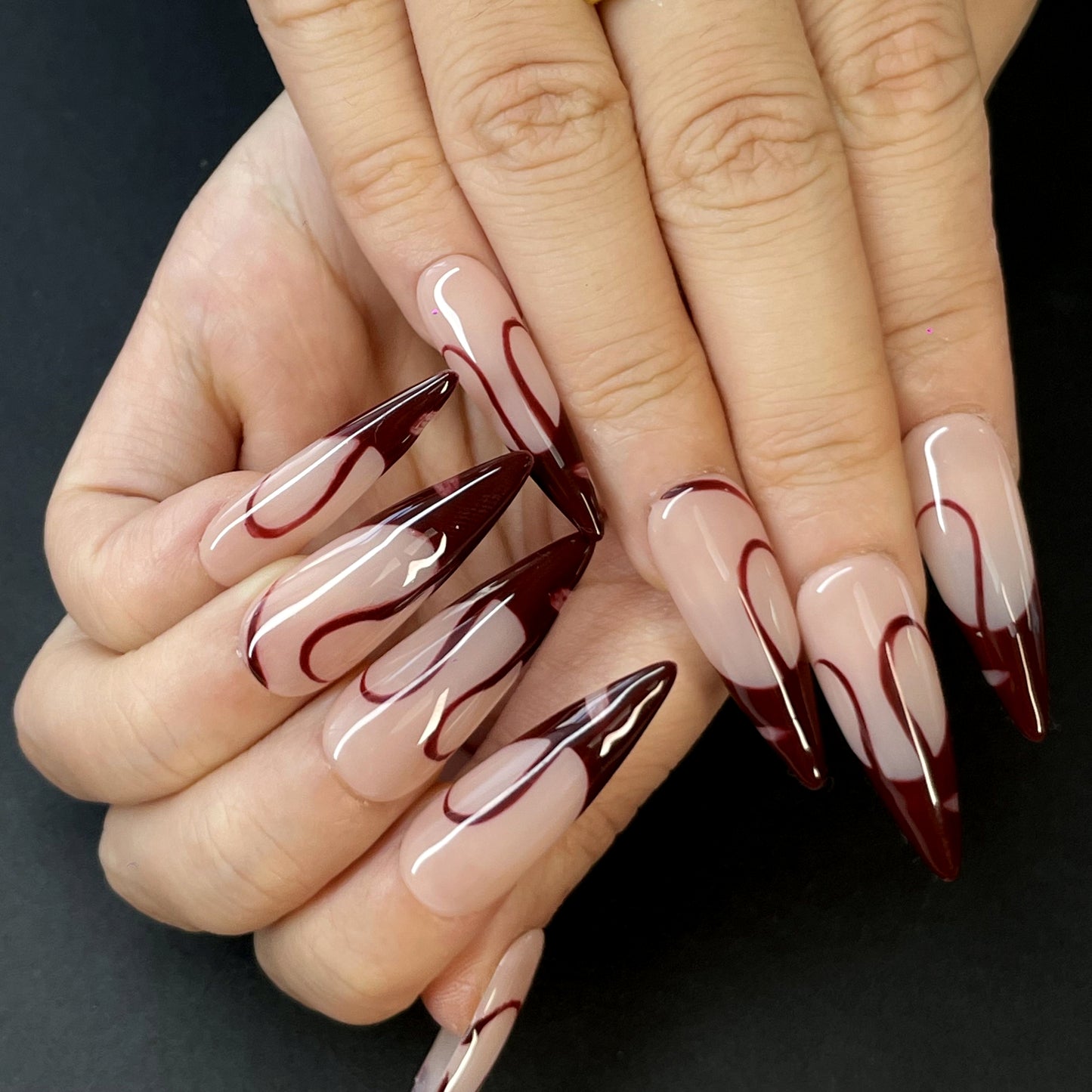 Almond Press-On Nails – Nude Pink & Deep Red with Irregular Line Design, Stylish and Bold Look for Parties and Casual Chic Occasions(K32)