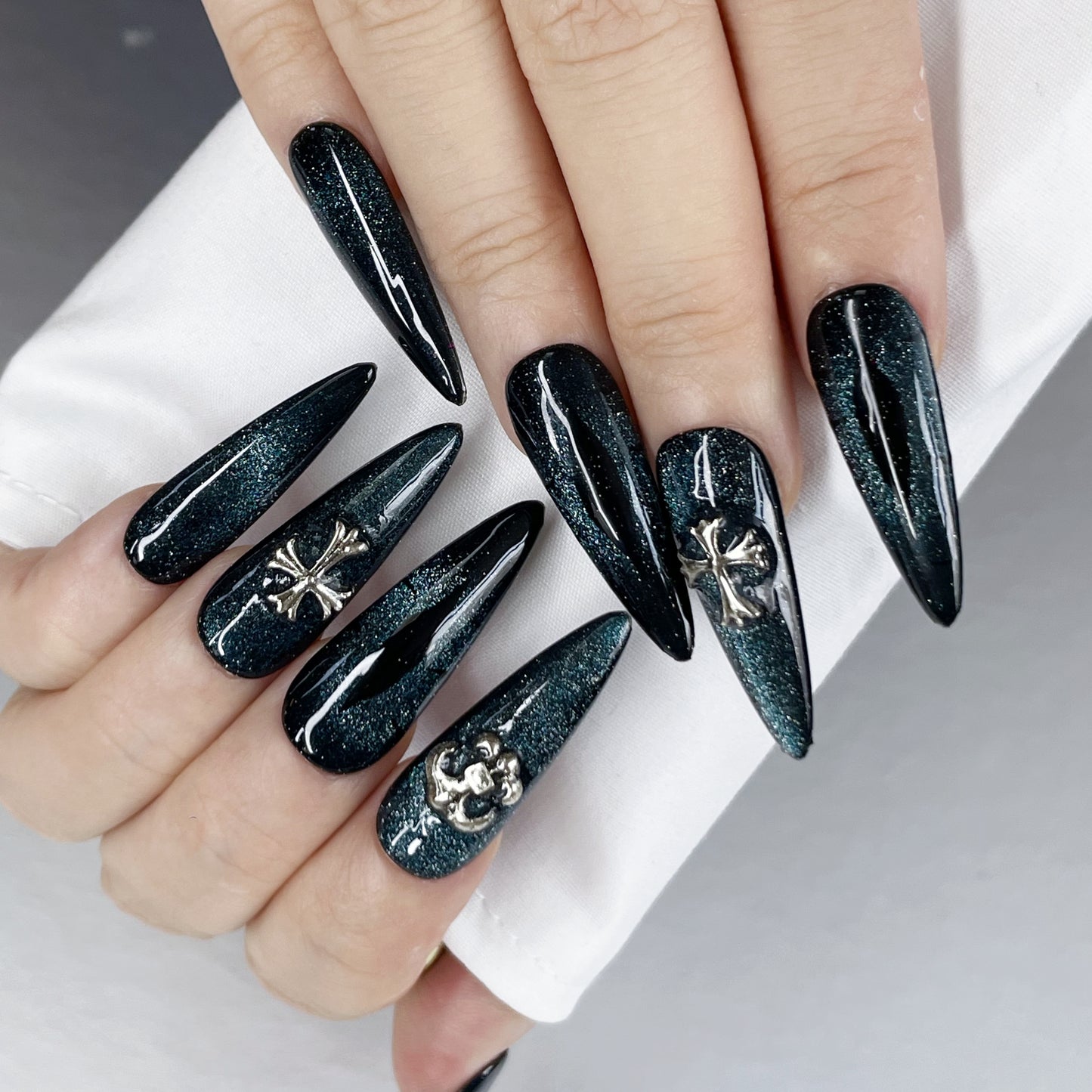Dark Glam Press-On Nails | Blue-Black Gradient with Gothic Charms(K35)