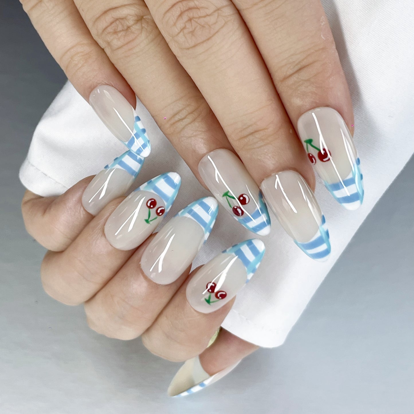 Sweet Girl Vibes | Nude & Plaid Nails with 3D Cherry Charms(K37)