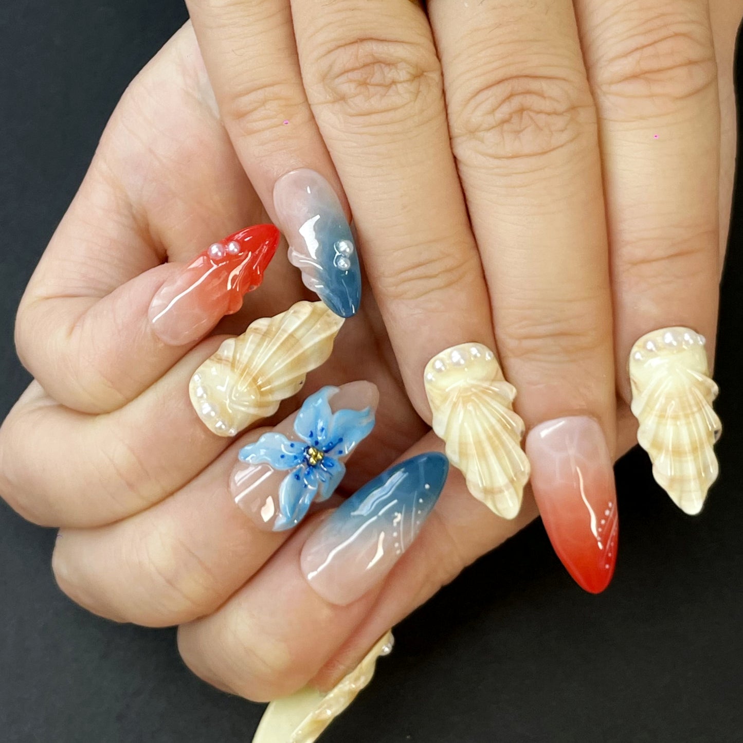 Summer Vacation Press-On Nails – Almond Shape with Seashell Accents, Pearls & Floral Designs in Red/Blue/Yellow-Gree(K4)