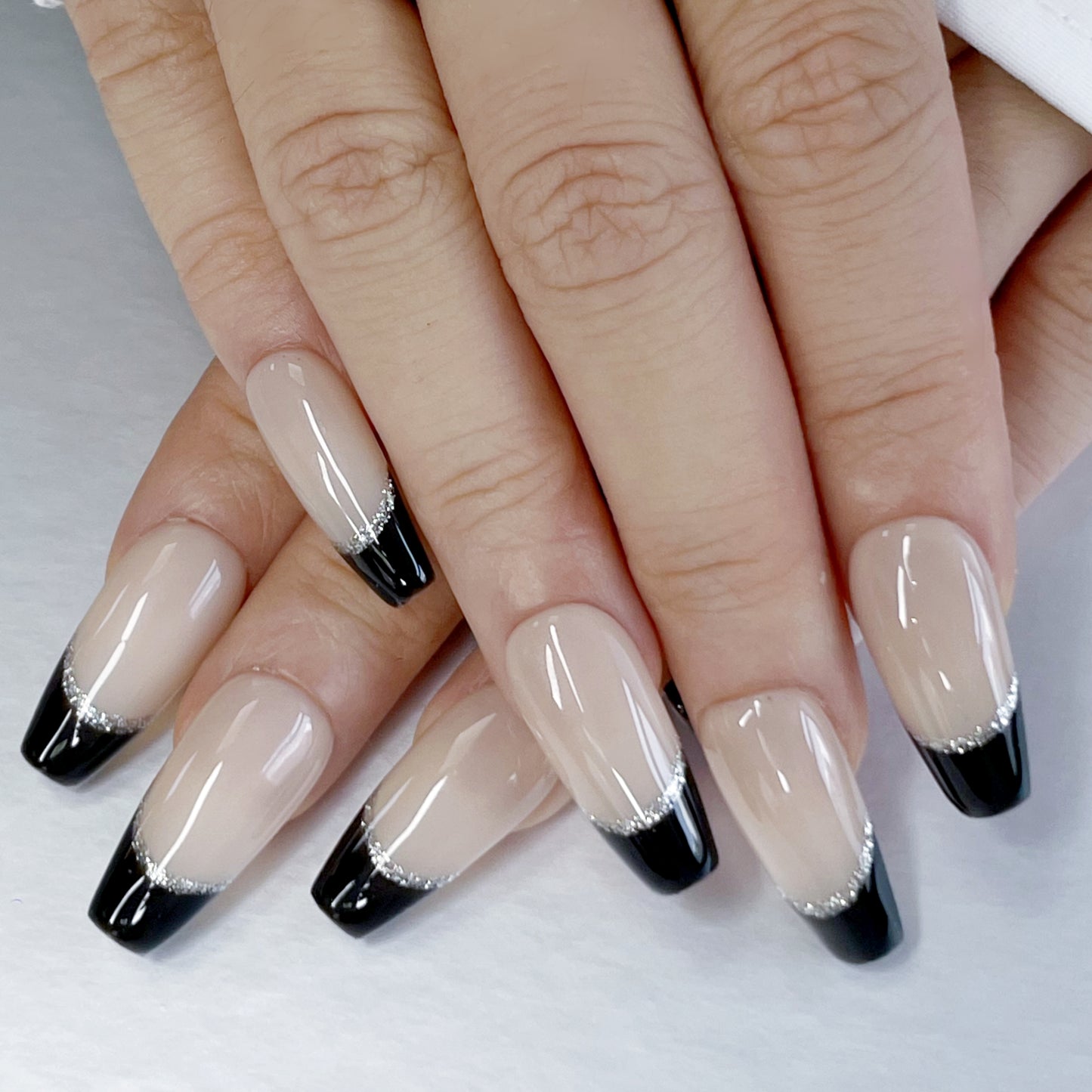 Elegant French Nails | Nude Pink with Black Tips & Silver Glitter(K42)