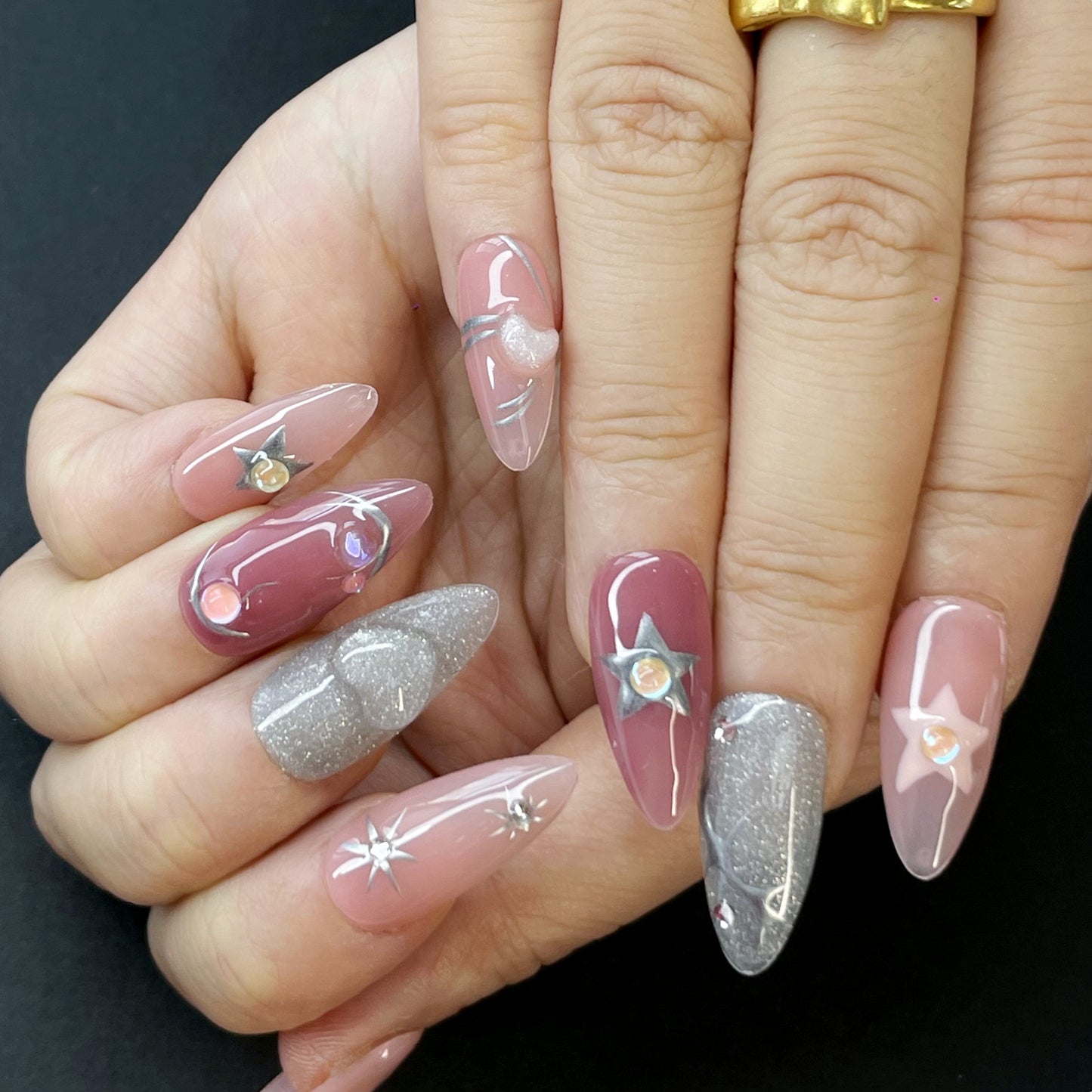 Sweet & Edgy Dreamy Press-On Nails – Long Coffin Shape in Pink, Silver & Purple with Stars, Hearts, Pearls & Glitter(K5)