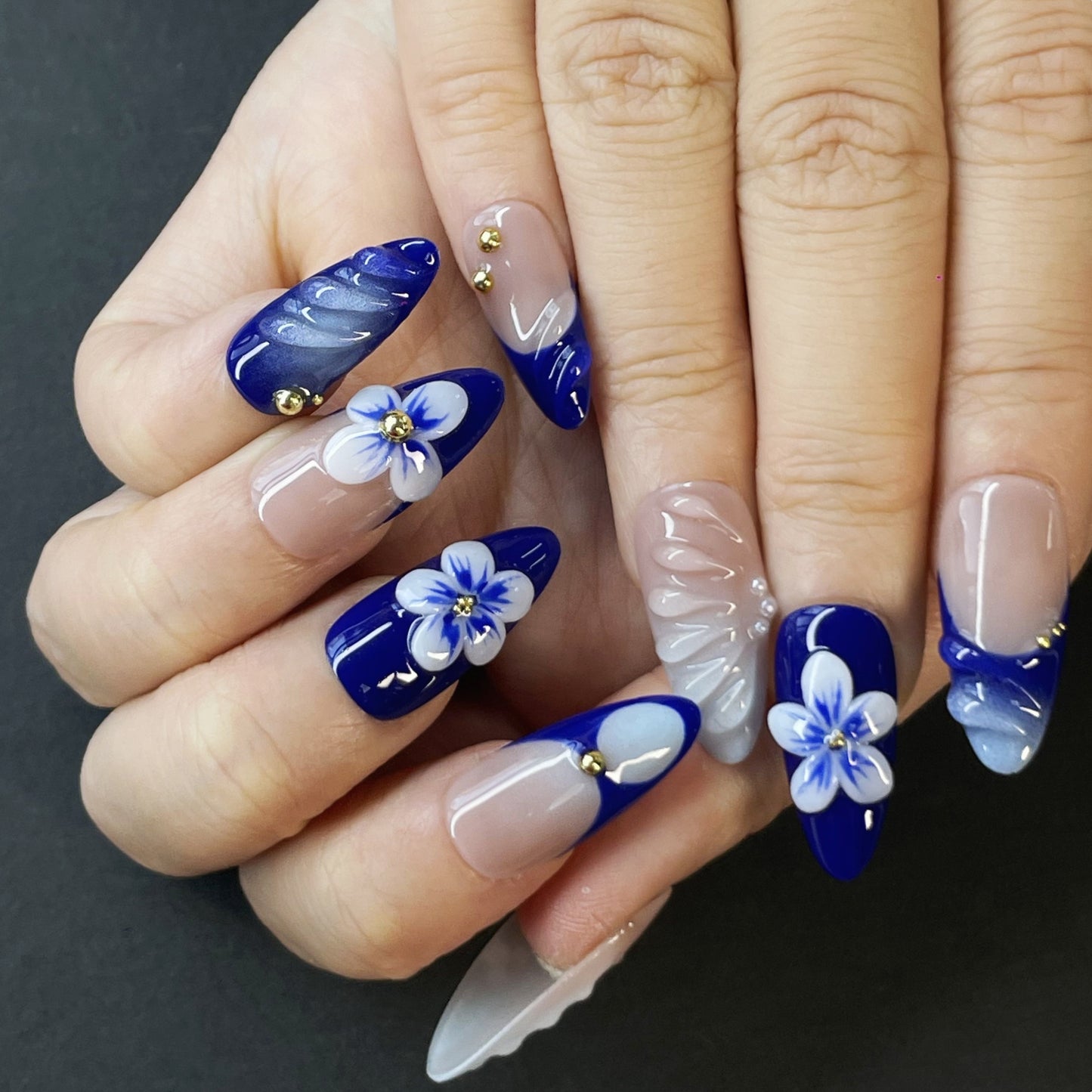 Butterfly & Floral Coffin Press-On Nails – Blue Nude Tones with 3D Details & Gold Beads for a Chic Artistic Look(K6)