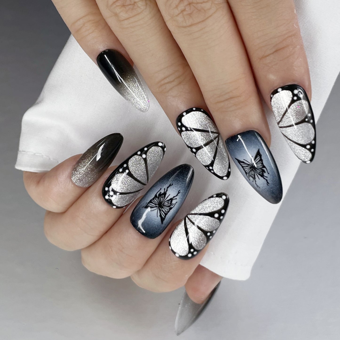Edgy Long Nails – Dark Glam with Glitter & Butterfly Accents(K63)