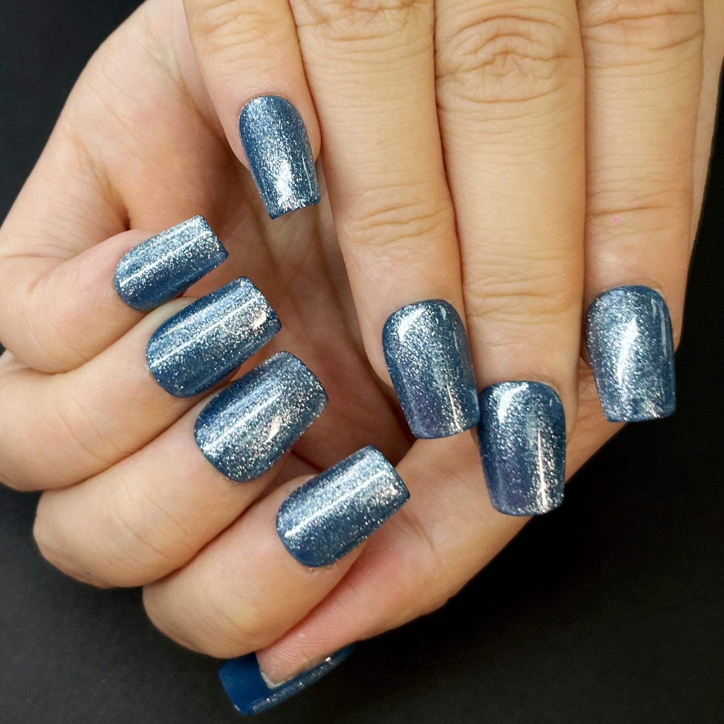 Blue Glitter Press-On Nails – Short Square Shape with Dazzling Sparkles | Bold & Shiny Look for Party-Ready Style(K7)