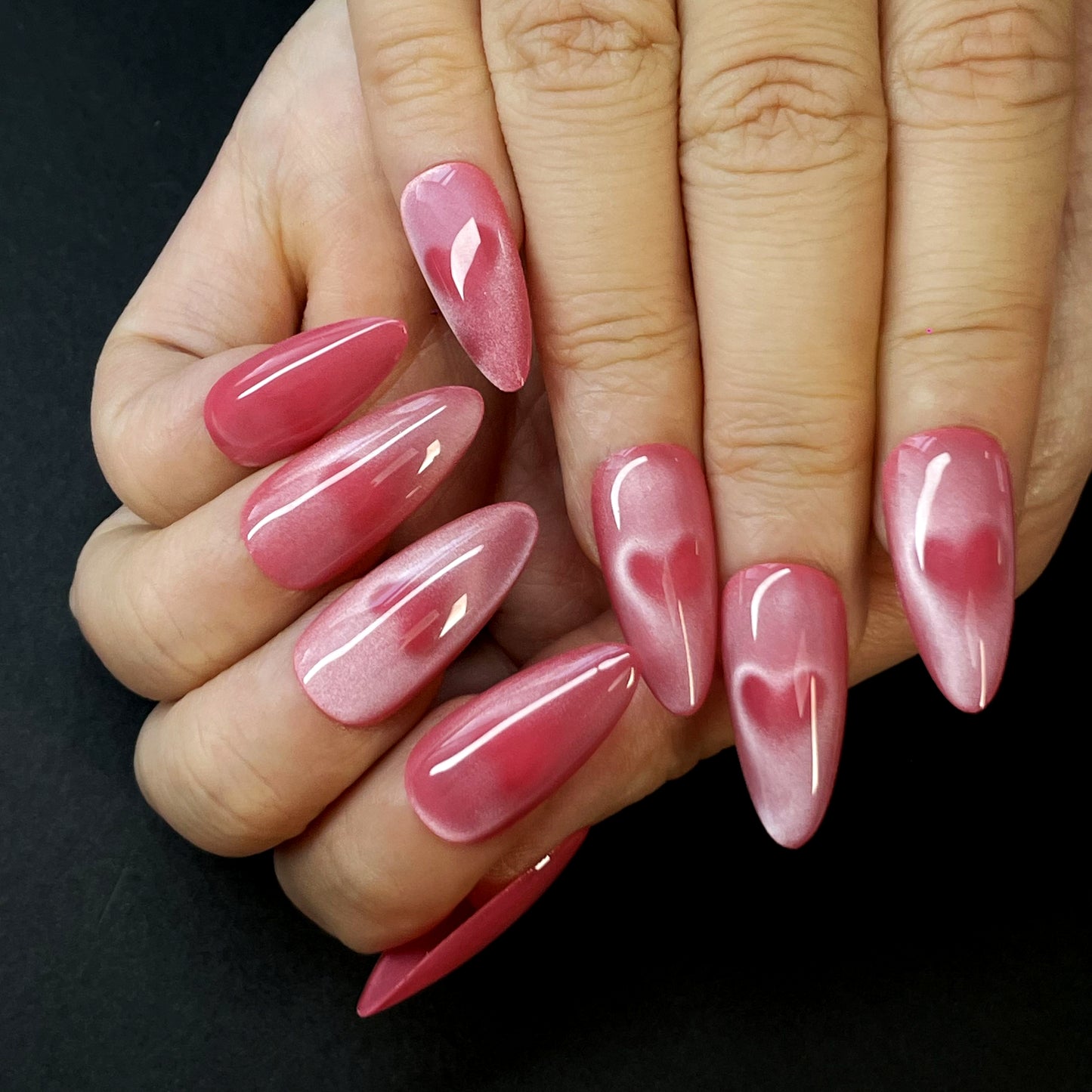 Pink Heart Press-On Nails – Long Almond Shape with Glossy Finish | Sweet & Romantic Look for Dates and Parties(K8)