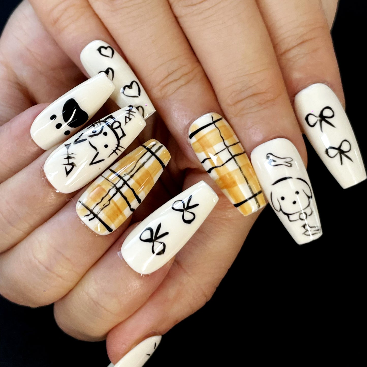 Animal Lover Press-On Nails – Long Coffin, Cream Base with Hand-Drawn Pets, Paws, Plaid & Cute Icons for a Fun Look(K9)