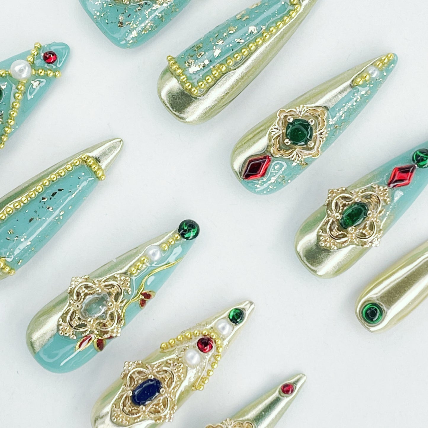Ultimate Luxury Long Stiletto Nails with Gold Hand-painted Designs, Teal Base, and Stunning Jewel Accents, Handmade - Perfect for Glamorous and Opulent Looks(L02)