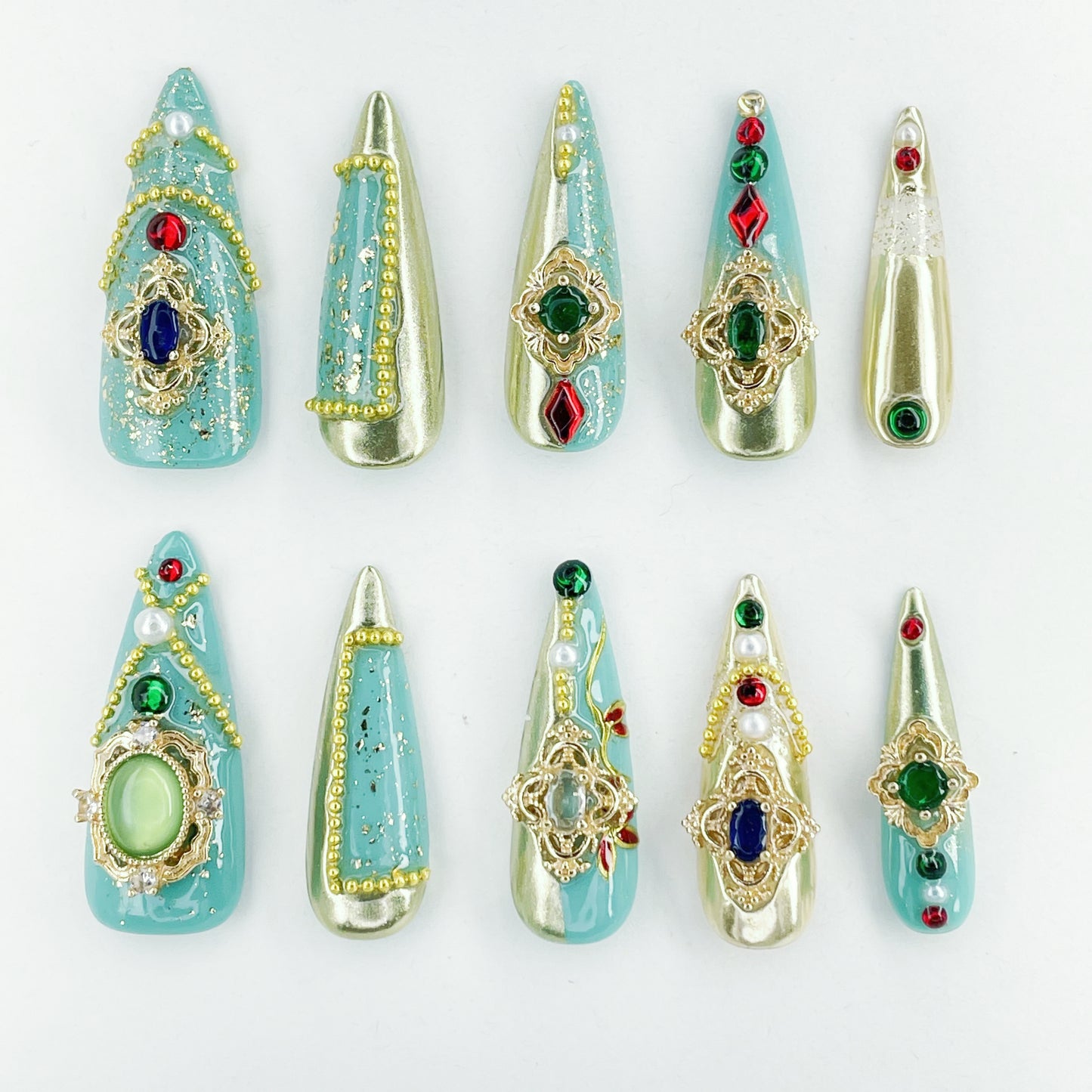 Ultimate Luxury Long Stiletto Nails with Gold Hand-painted Designs, Teal Base, and Stunning Jewel Accents, Handmade - Perfect for Glamorous and Opulent Looks(L02)