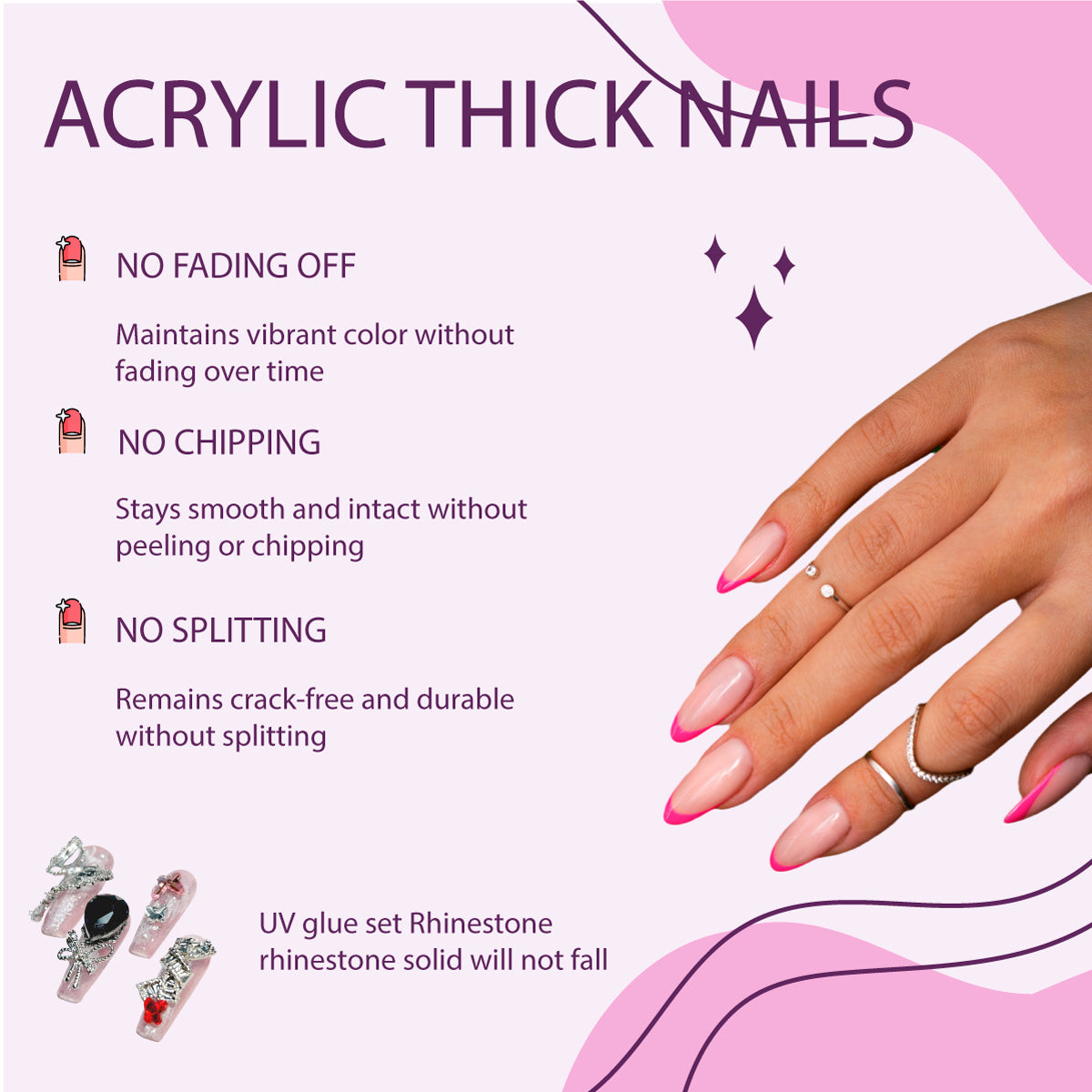 Almond Press-On Nails – Nude Gradient with Hand-Painted Floral Lines & Silver Rhinestones, Fresh Spring Botanical Style(185)