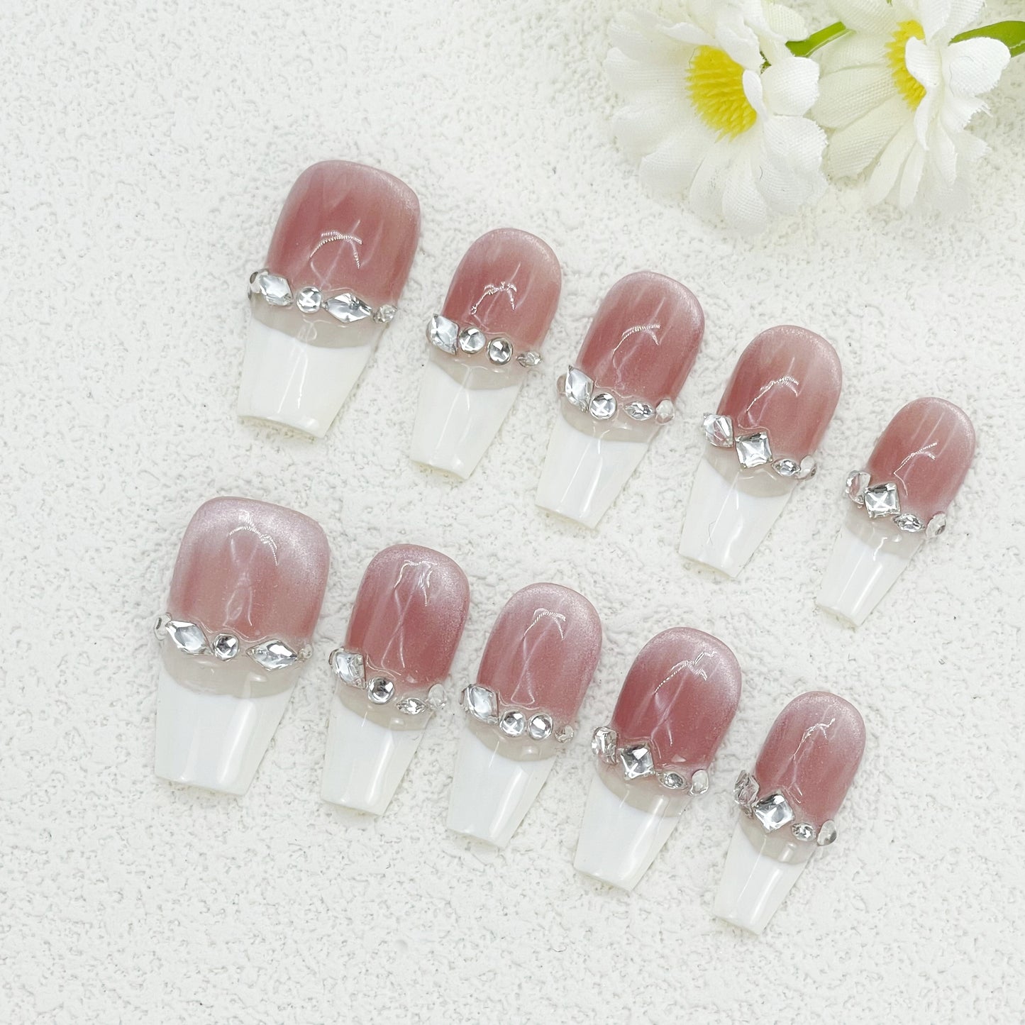 Blush Jelly French Glitter Fade Coffin Medium Nails, 3D Micro Rhinestone Encapsulation, Gel-X Builder Extension - Red Carpet Glam for Galas & Luxury Weddings(104)