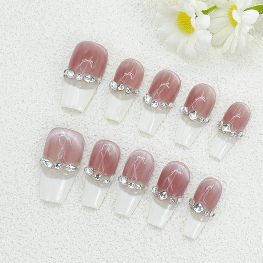 Blush Jelly French Glitter Fade Coffin Medium Nails, 3D Micro Rhinestone Encapsulation, Gel-X Builder Extension - Red Carpet Glam for Galas & Luxury Weddings(104)