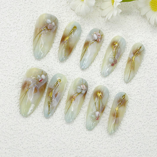 Elegant Creamy Green and Brown Marble Long Almond Nails with Gold Foil and 3D Floral Pearl Accents, Handmade – Perfect for a Soft and Artistic Look(131)