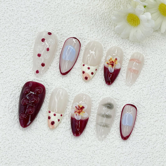 Edgy Red French Almond Nails with 3D Flowers | Statement Nail Art(134)