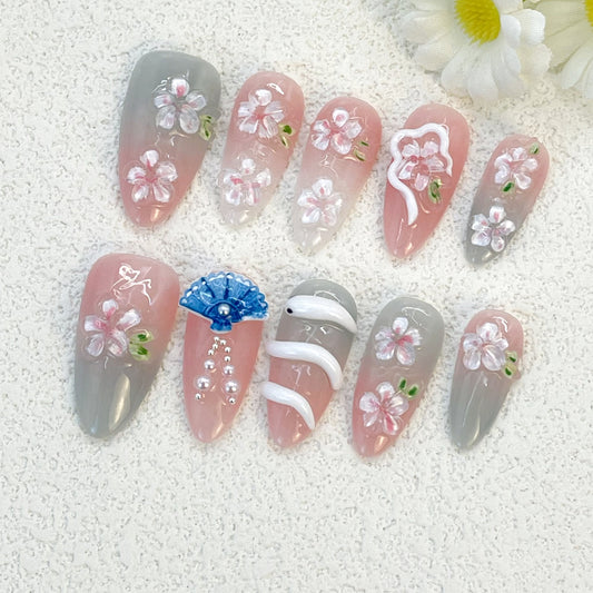 Gradient Almond Nails with 3D Snake and Fan Accents, Handmade – Bold and Artistic Vibes(137)