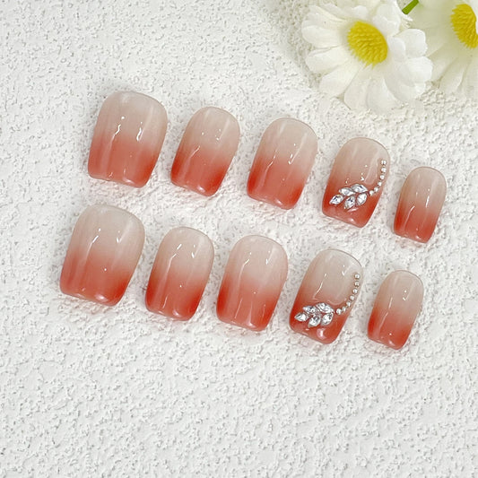 Orange Gradient Cat Eye Nails with Diamond Accents, Short Square, Handmade – Bright and Glamorous Vibes(139)