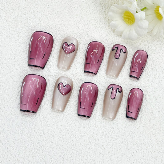 Comic Line Art with Pink Hearts and Cat Eye, Short Coffin Nails, Handmade – Fun and Playful Vibes(140)