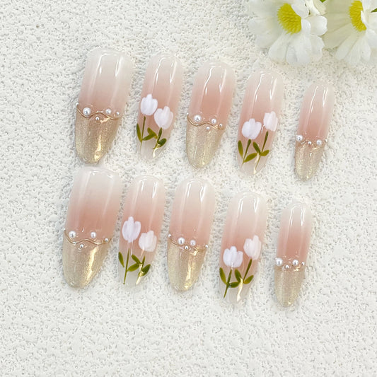 Almond Cat Eye French Nails with Fresh Flower Accents and Pearl Embellishments, Handmade – Elegant and Refreshing Vibes(141)
