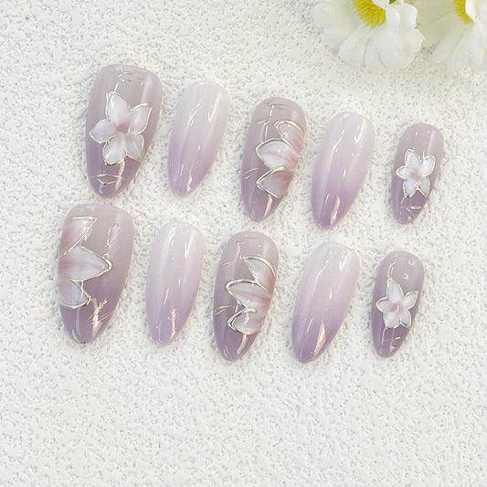 Light Purple Almond Nails with Hand-Painted Flowers and Gold Edging, Handmade – Soft and Elegant Vibes(142)